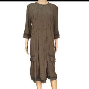 Wrap London linen blend olive green Embroidered Peasant boho Style Dress size 12